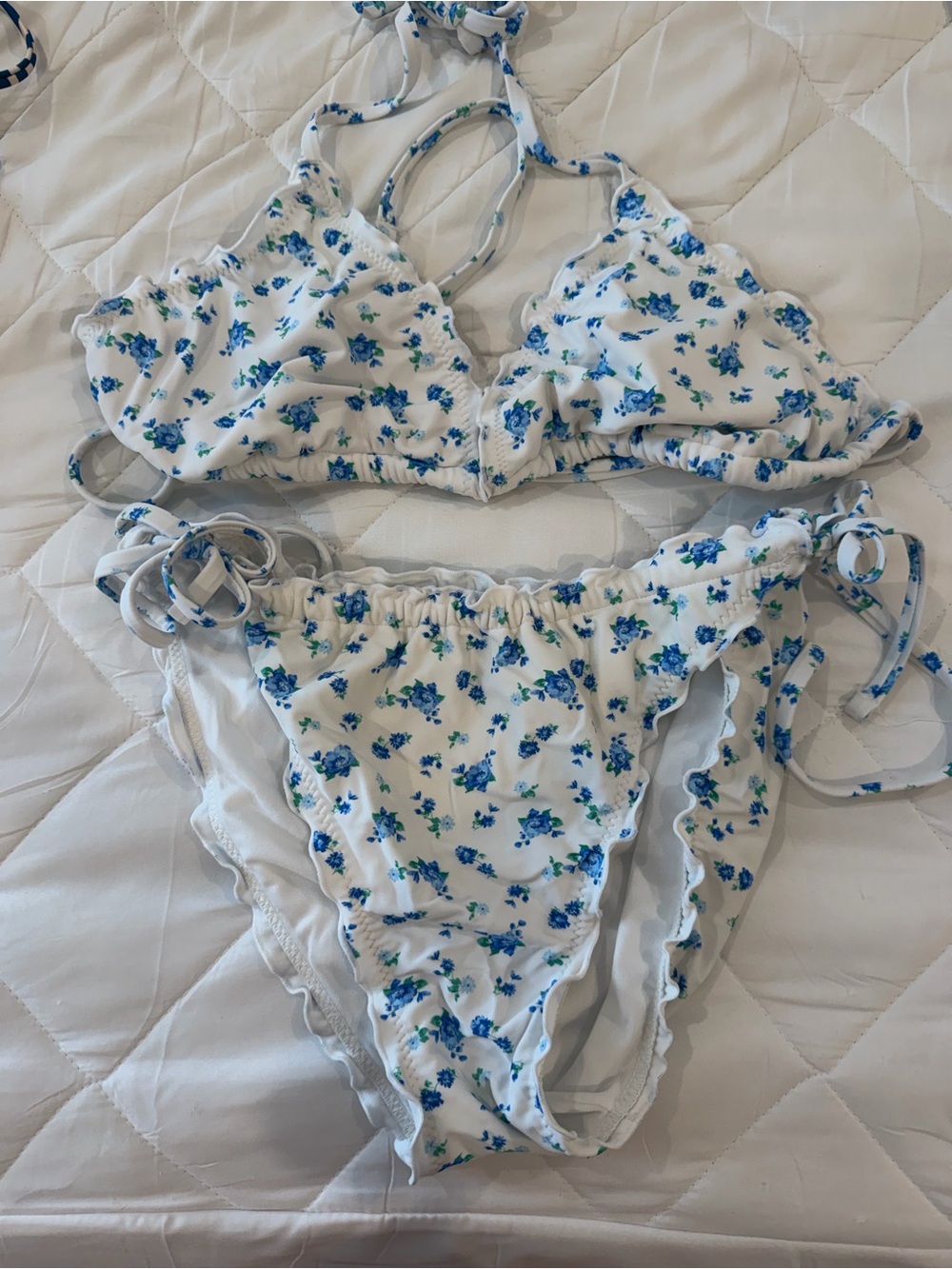 White Floral Two-Piece Bikini Set - Blue Flower Print